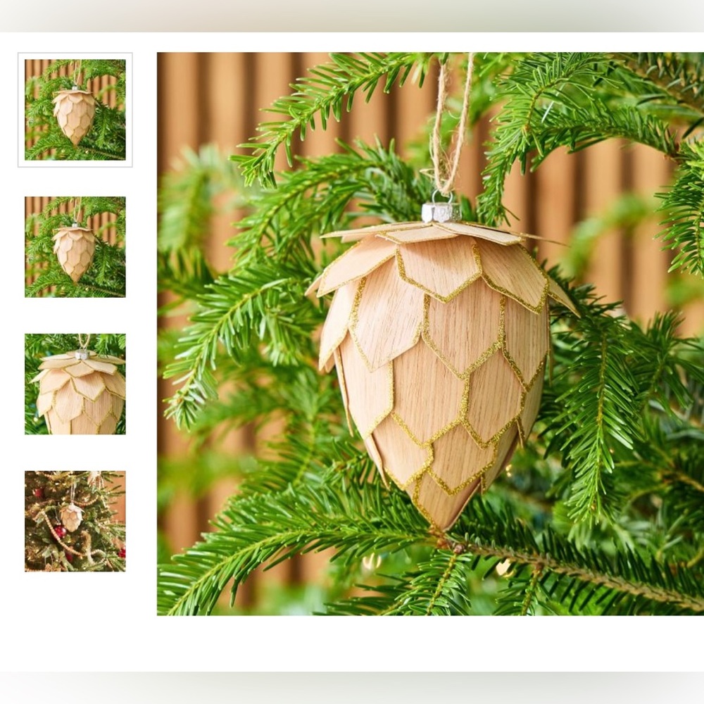S/2 West Elm Scandi Wood Gold Pinecone ornaments
